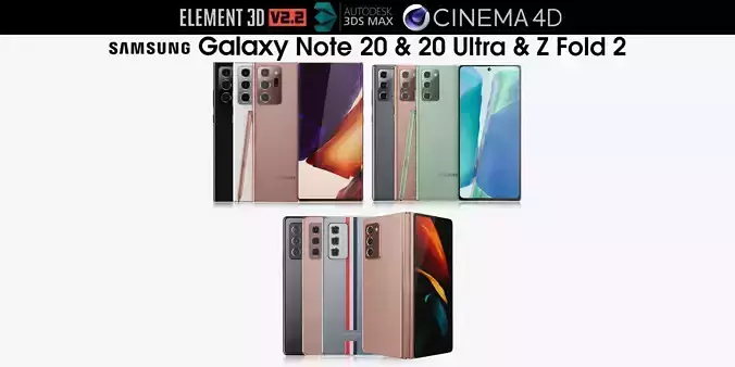 Samsung Galaxy Note 20 and 20 Ultra and Z Fold 2 all colors 3D model
