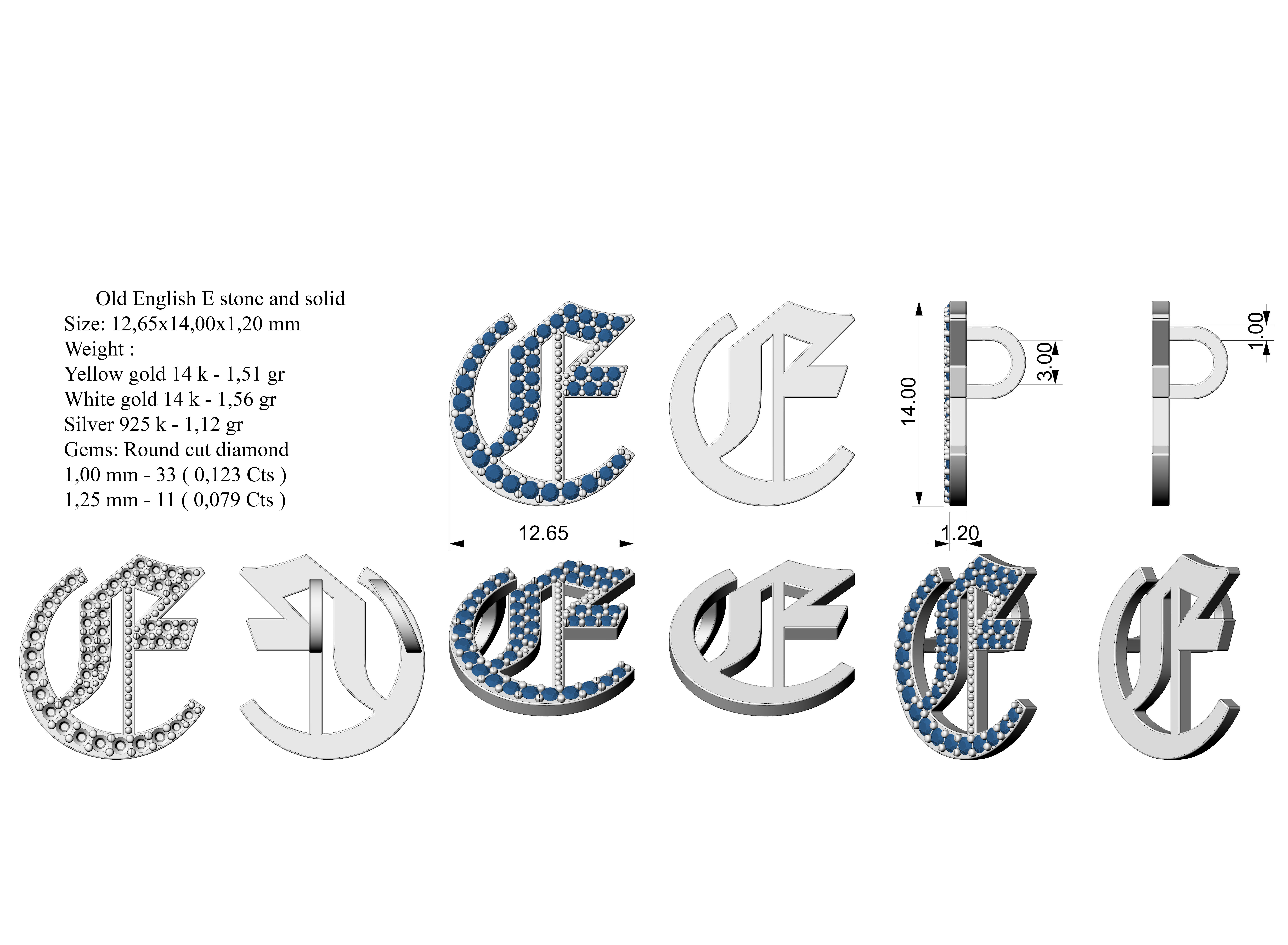 Old English E stone and solid 3D print model_4