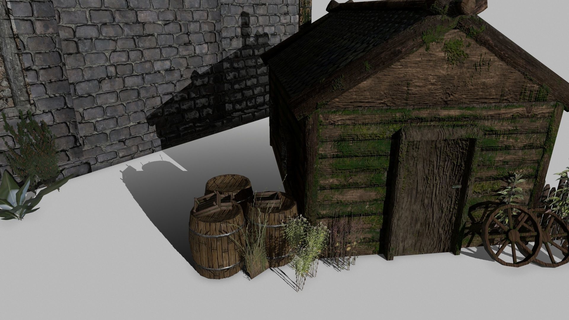 Medieval Set old castle with wooden fence Low-poly 3D model_7