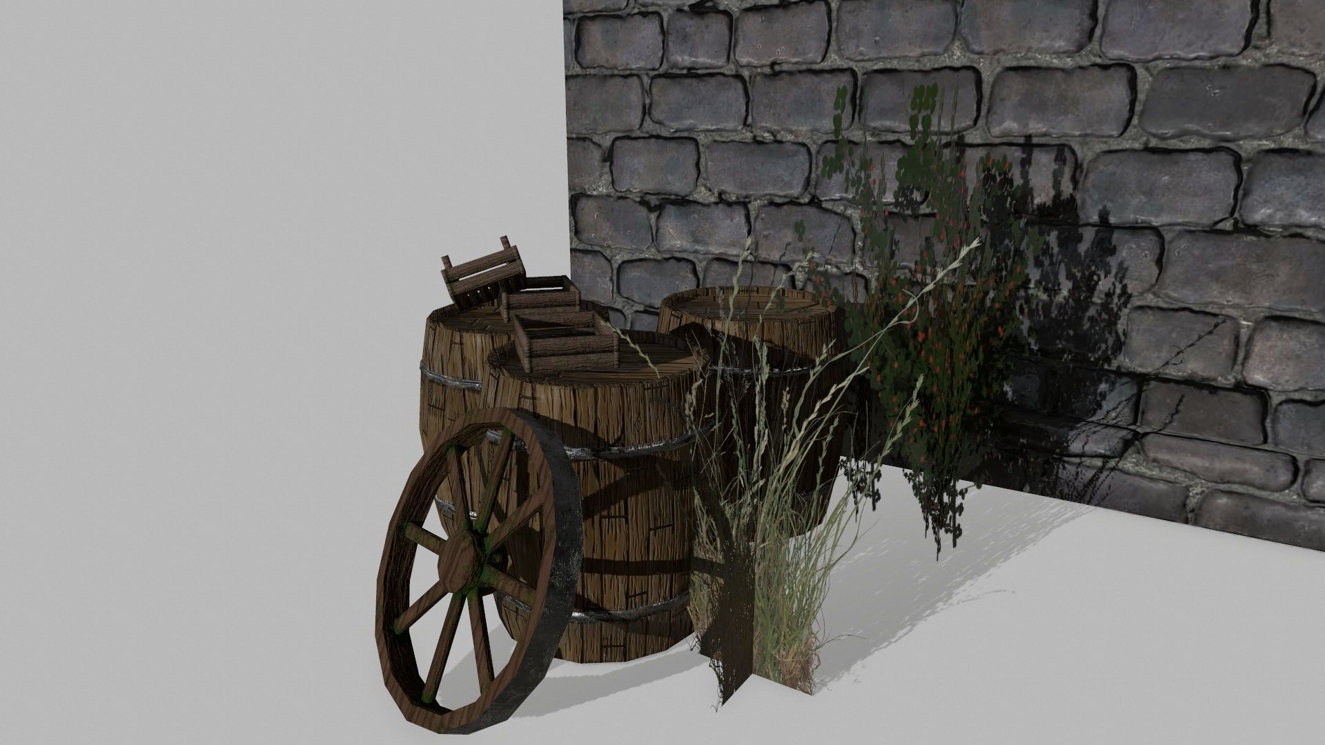 Medieval Set old castle with wooden fence Low-poly 3D model_10