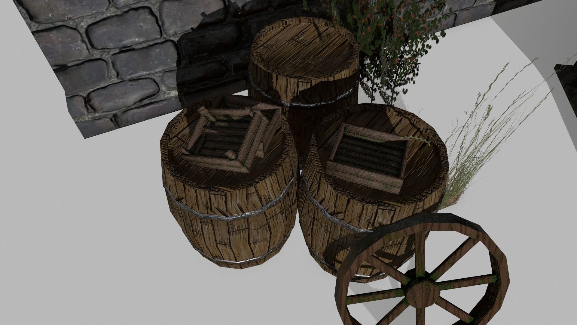 Medieval Set old castle with wooden fence Low-poly 3D model_9