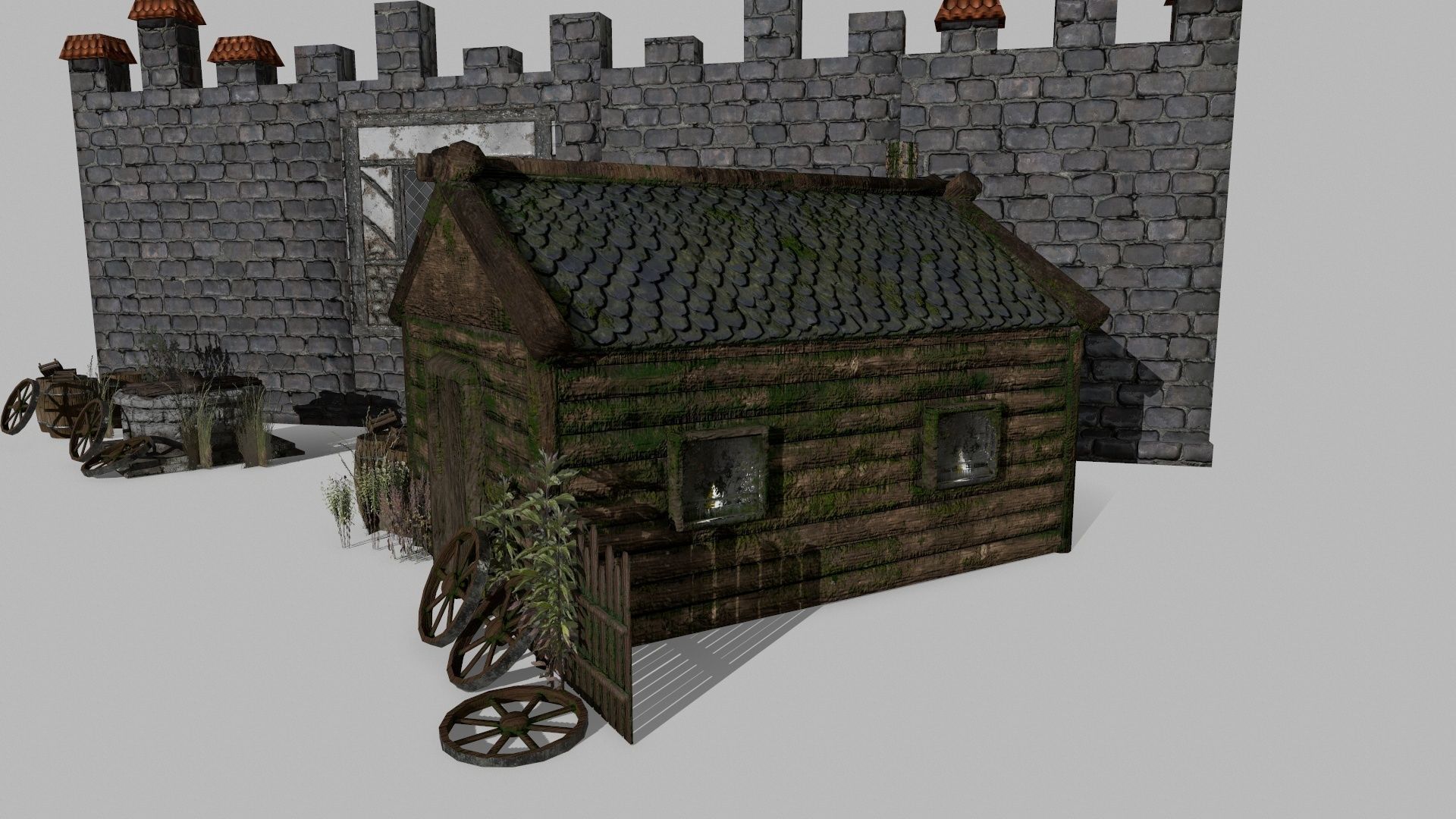 Medieval Set old castle with wooden fence Low-poly 3D model_5