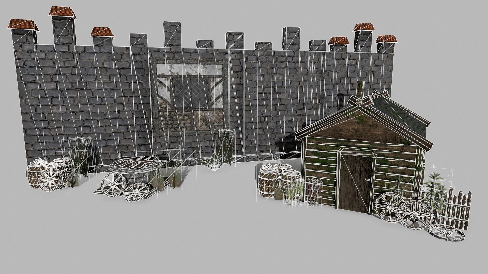 Medieval Set old castle with wooden fence Low-poly 3D model_13