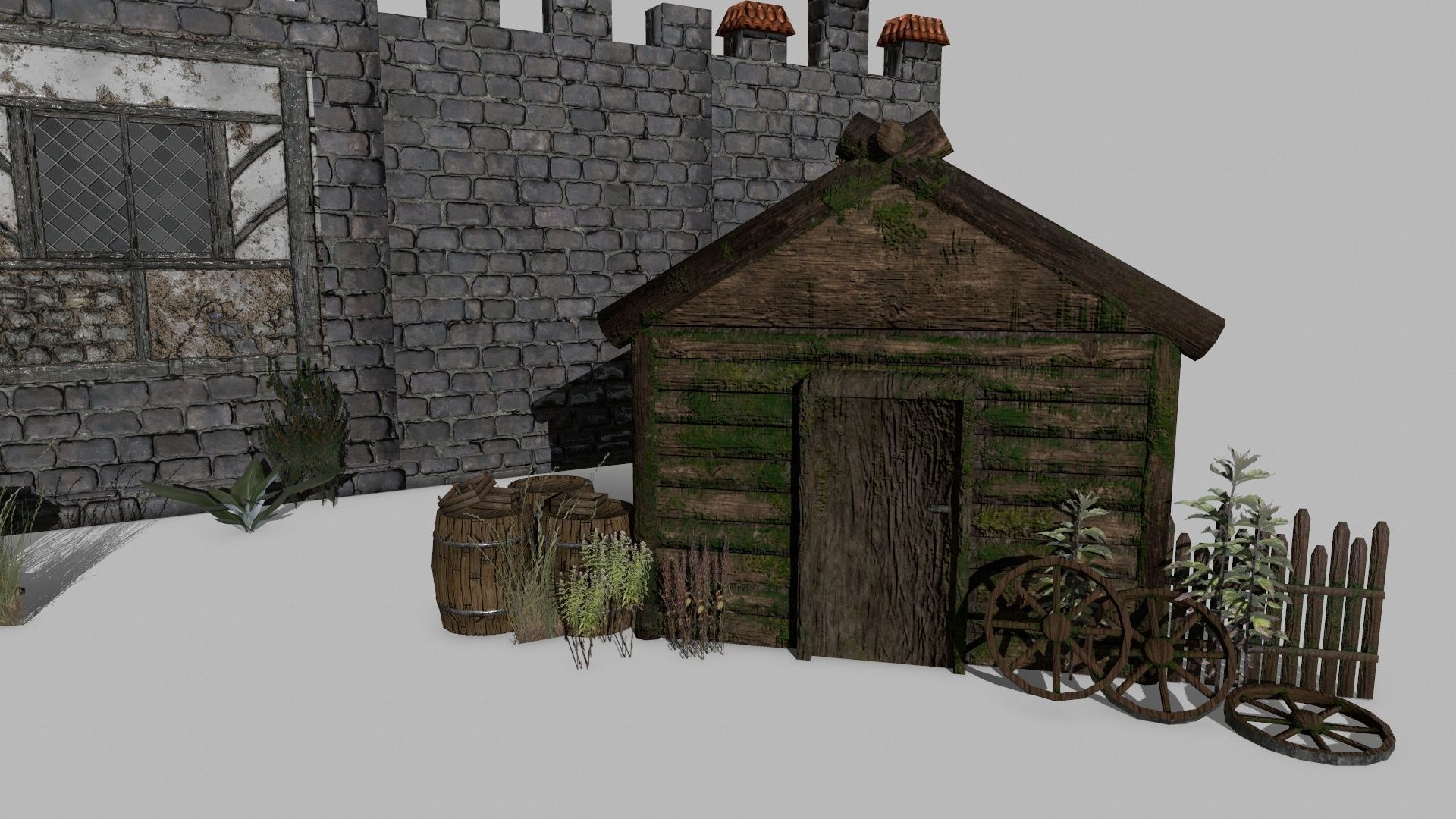Medieval Set old castle with wooden fence Low-poly 3D model_4