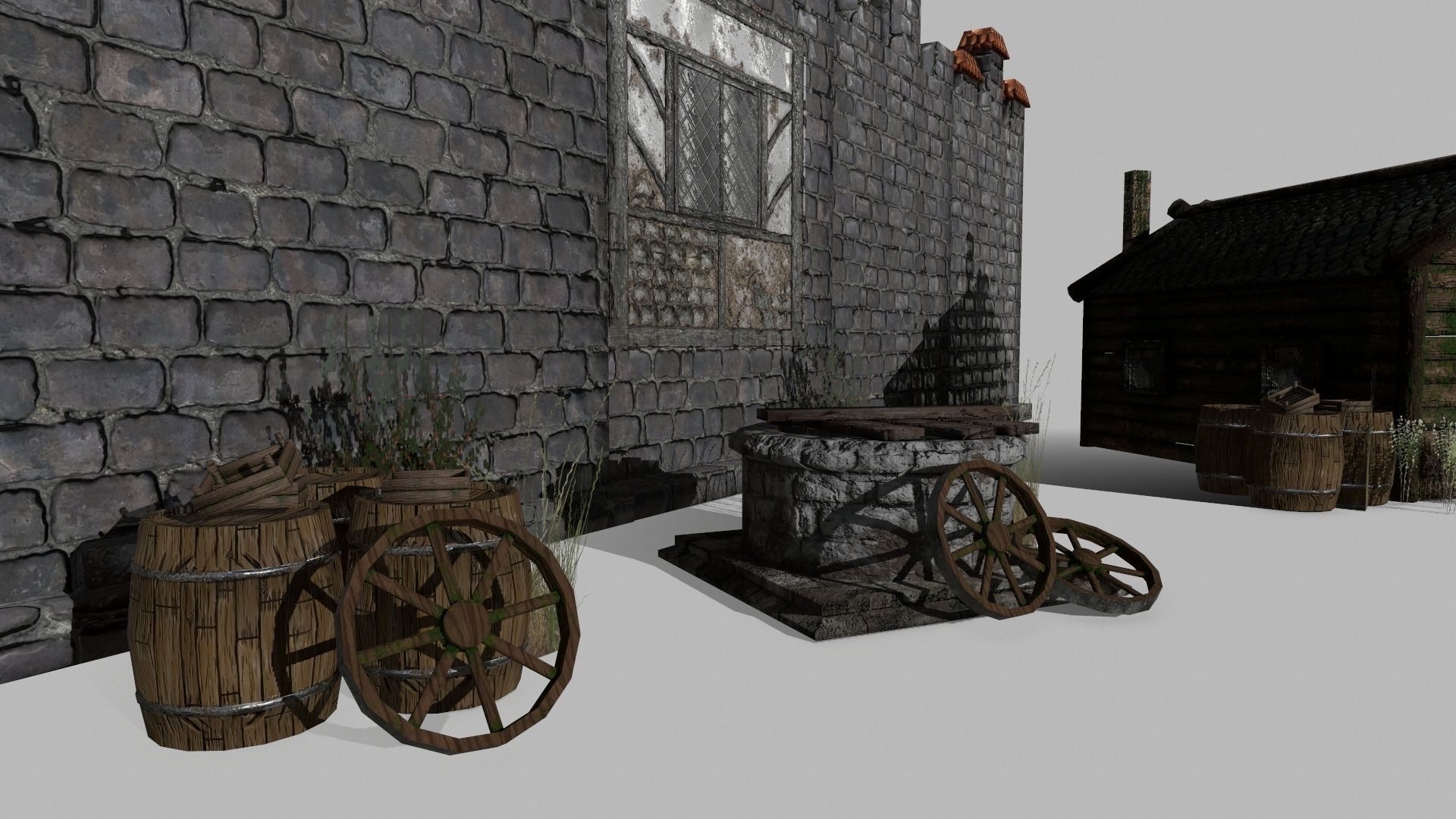 Medieval Set old castle with wooden fence Low-poly 3D model_1