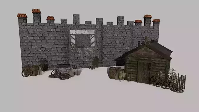 Medieval Set old castle with wooden fence Low-poly 3D model