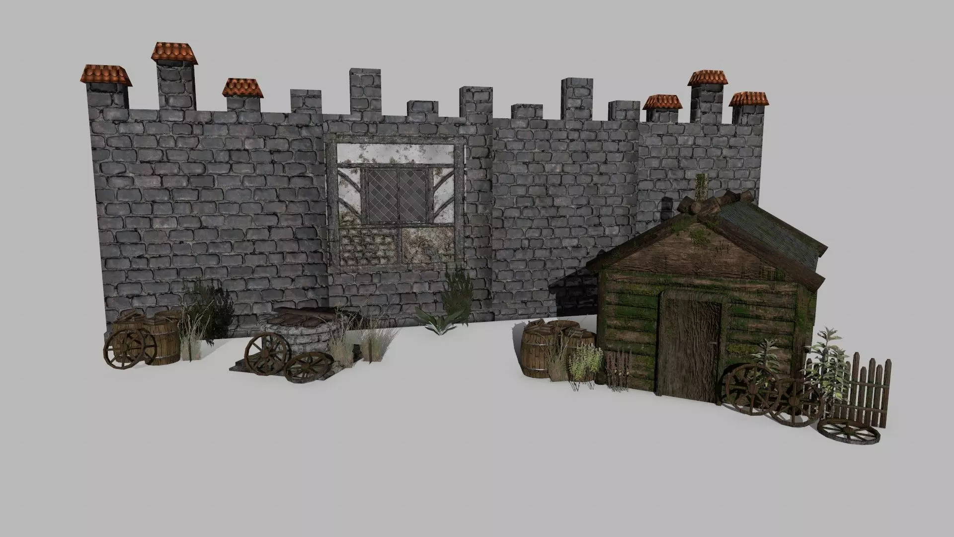 Medieval Set old castle with wooden fence Low-poly 3D model_0