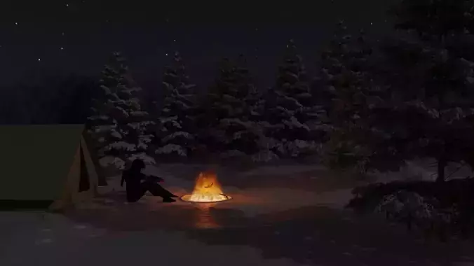 A Simple snowy forest night scene with campfire Free 3D model