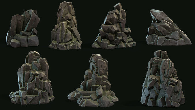 Stylized Gray Stone moss Collection PBR  Low-poly 3D model