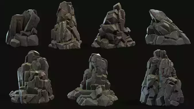 Stylized Gray Stone moss Collection PBR  Low-poly 3D model