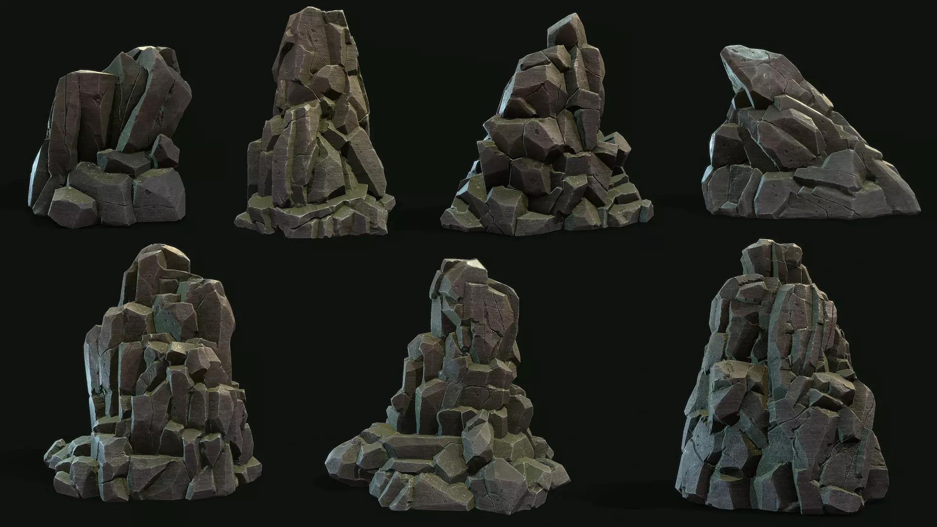 Stylized Gray Stone moss Collection PBR  Low-poly 3D model_0