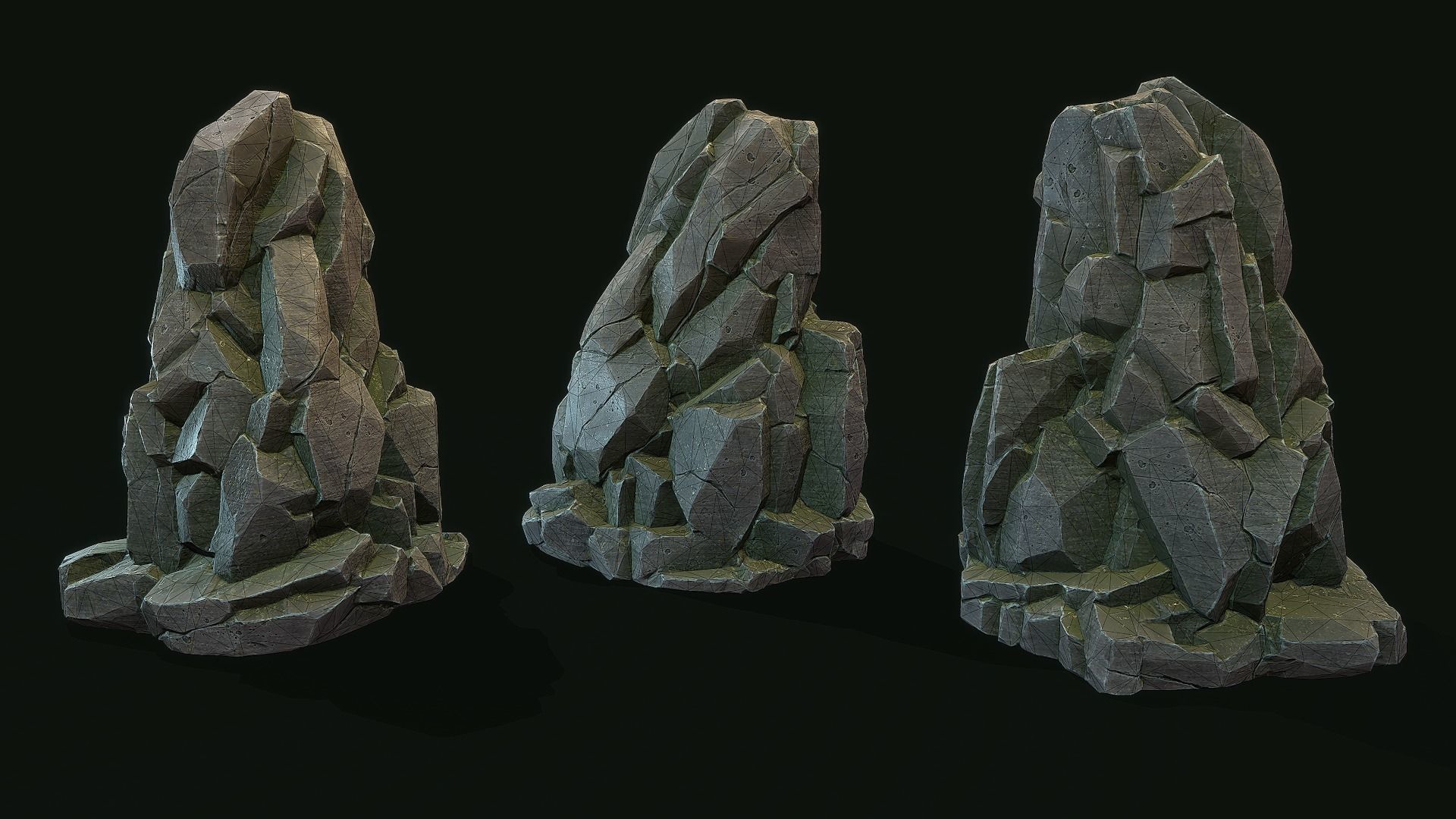 Stylized Gray Stone moss Collection PBR  Low-poly 3D model_11