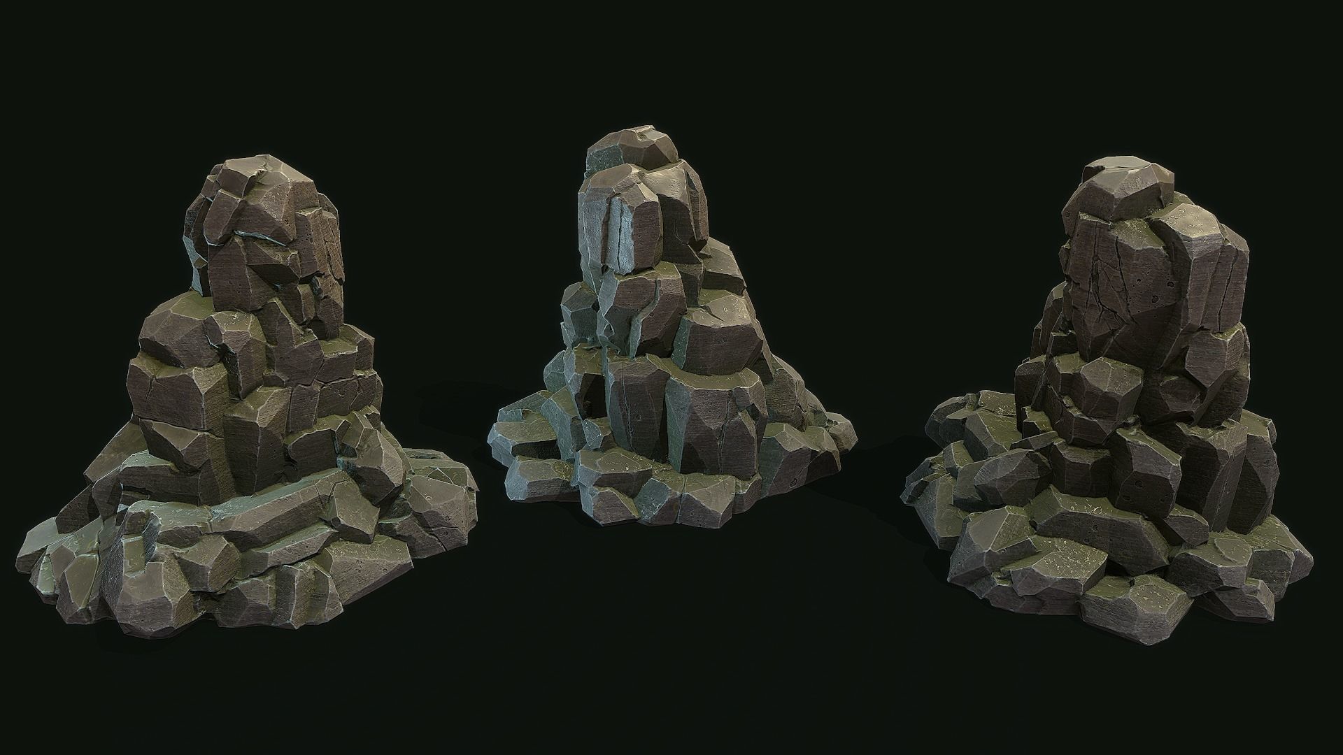 Stylized Gray Stone moss Collection PBR  Low-poly 3D model_8
