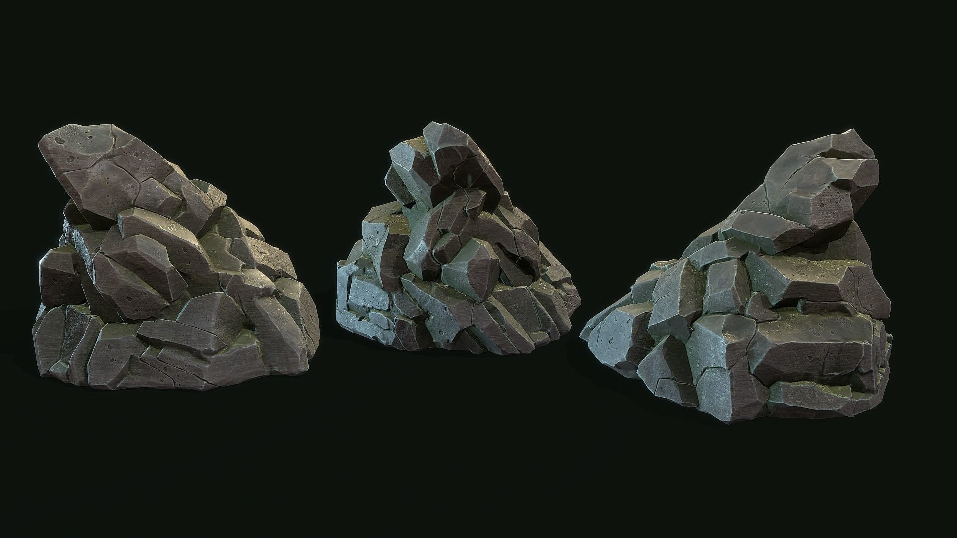 Stylized Gray Stone moss Collection PBR  Low-poly 3D model_9