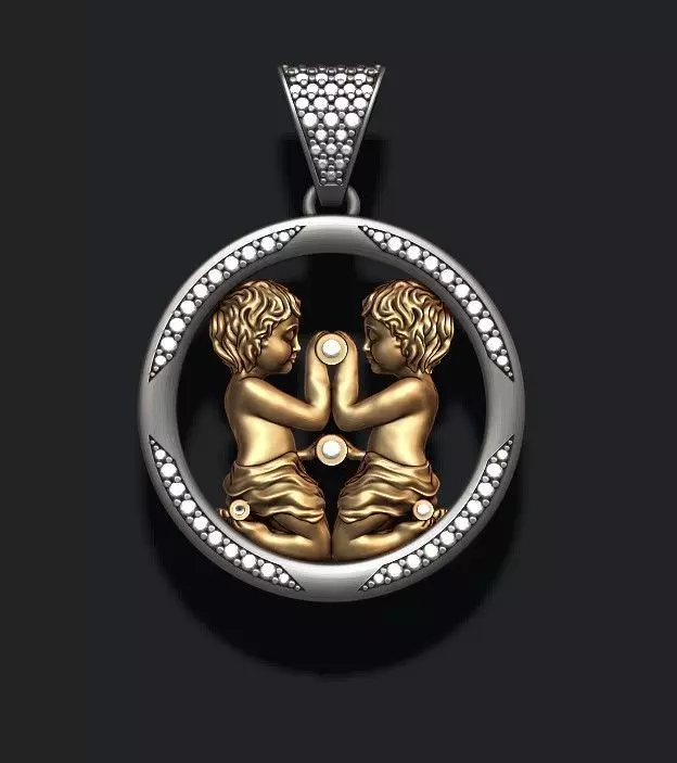 Horoscope Gemini twins pendant with gems 3D print model_0