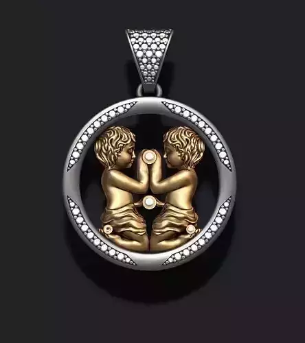 Horoscope Gemini twins pendant with gems 3D print model