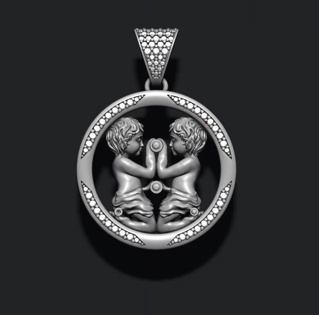 Horoscope Gemini twins pendant with gems 3D print model_3