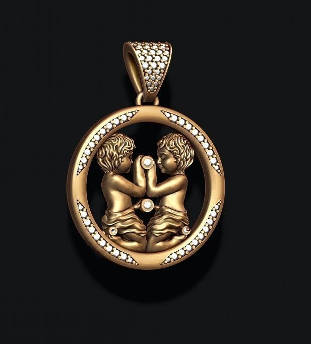 Horoscope Gemini twins pendant with gems 3D print model_1