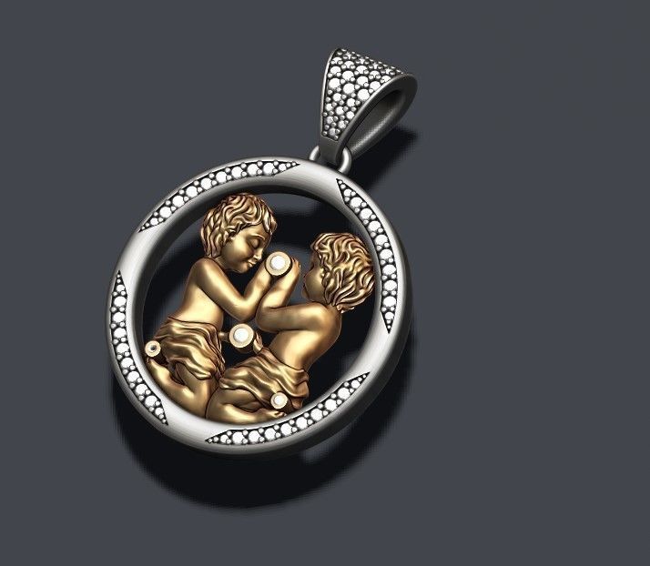 Horoscope Gemini twins pendant with gems 3D print model_4