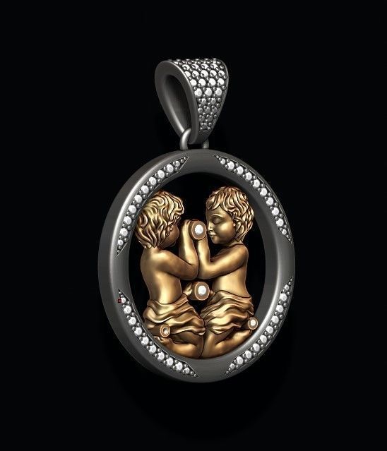 Horoscope Gemini twins pendant with gems 3D print model_2