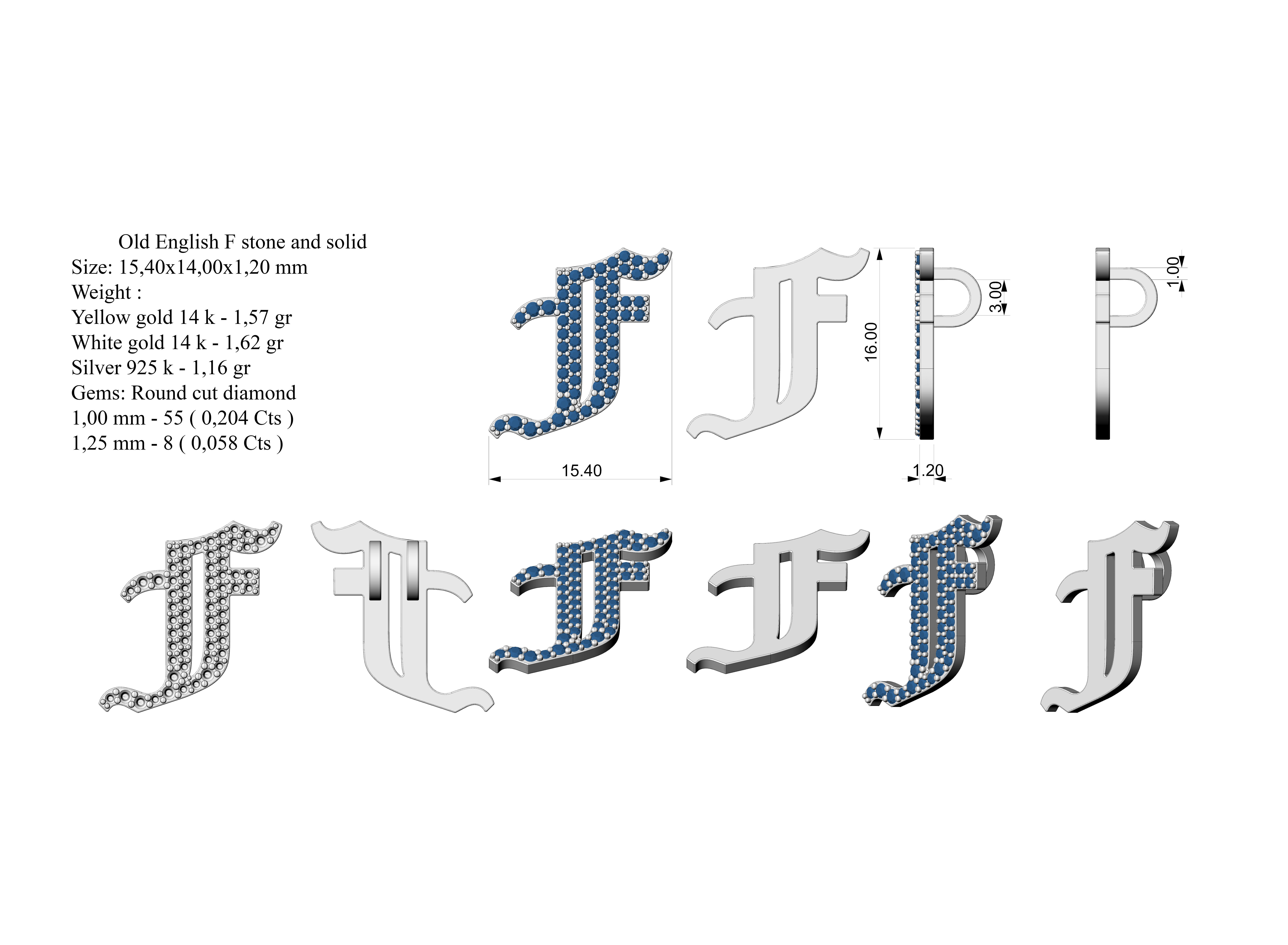 Old English F stone and solid 3D print model_4