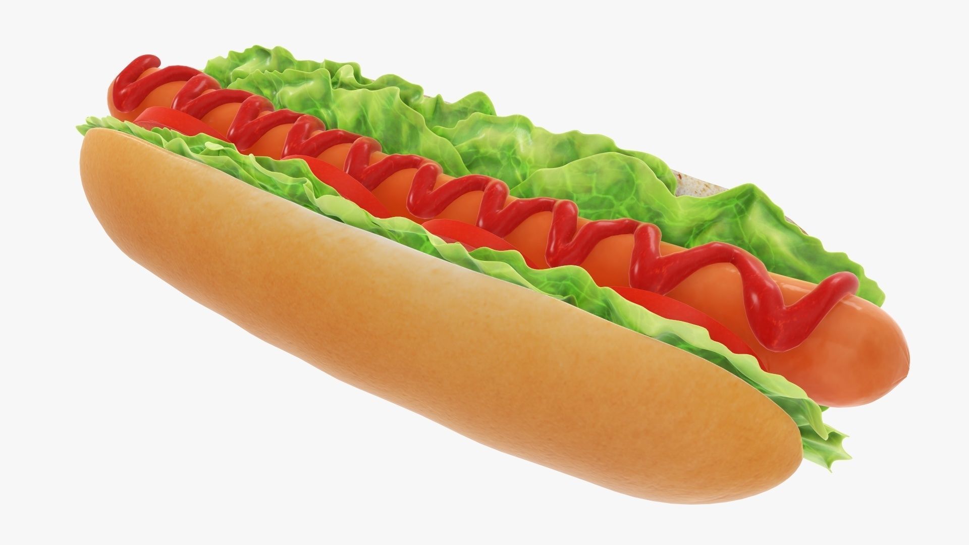 Hot dog with ketchup salad and tomato 3D model_3