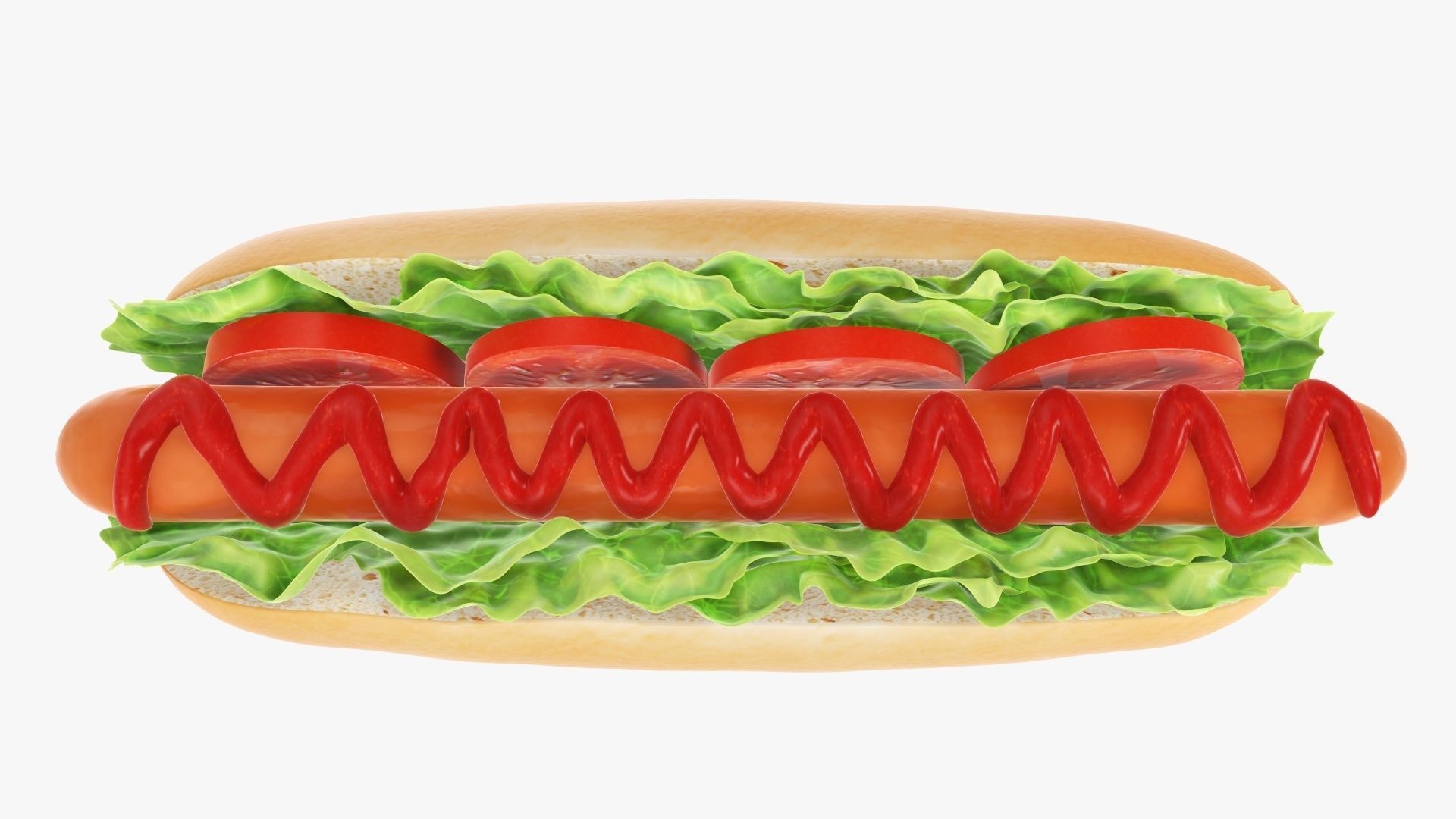 Hot dog with ketchup salad and tomato 3D model_1