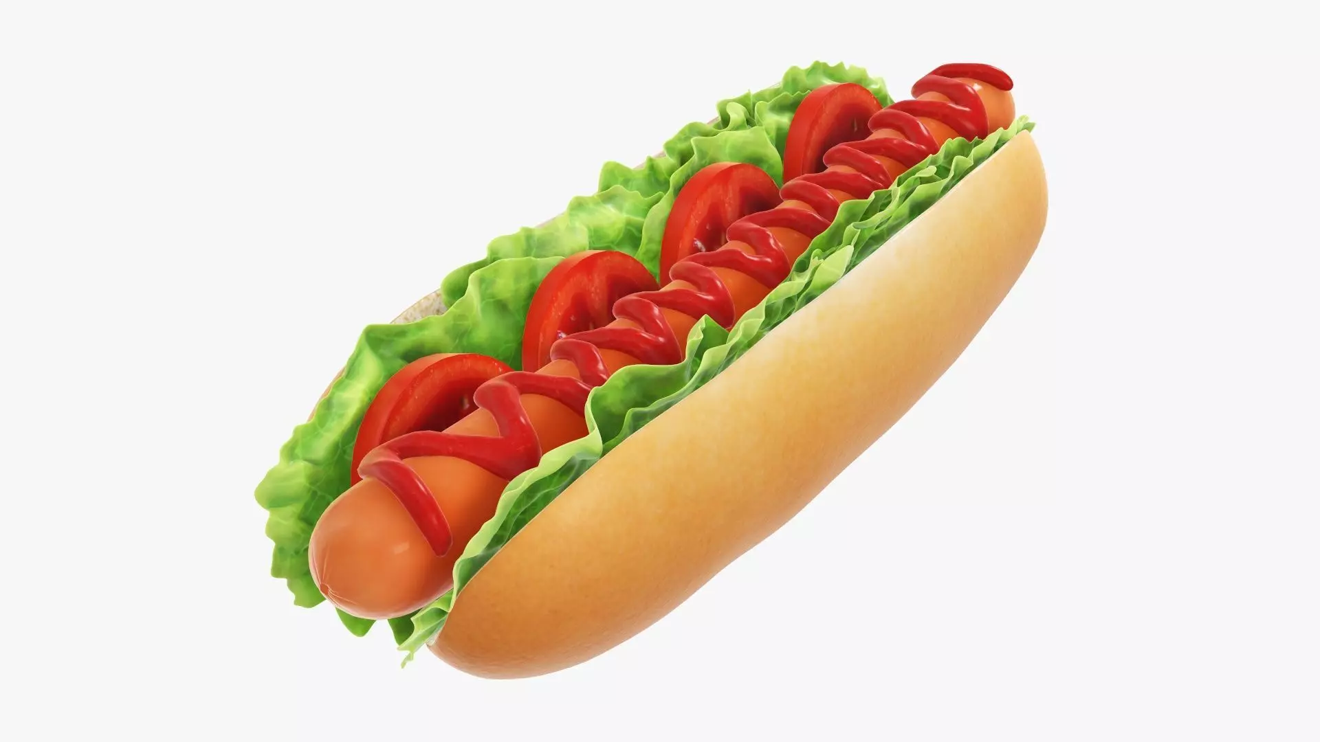 Hot dog with ketchup salad and tomato 3D model_0