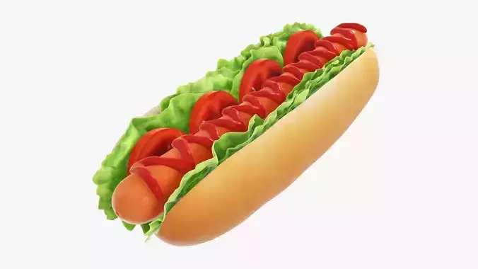 Hot dog with ketchup salad and tomato 3D model