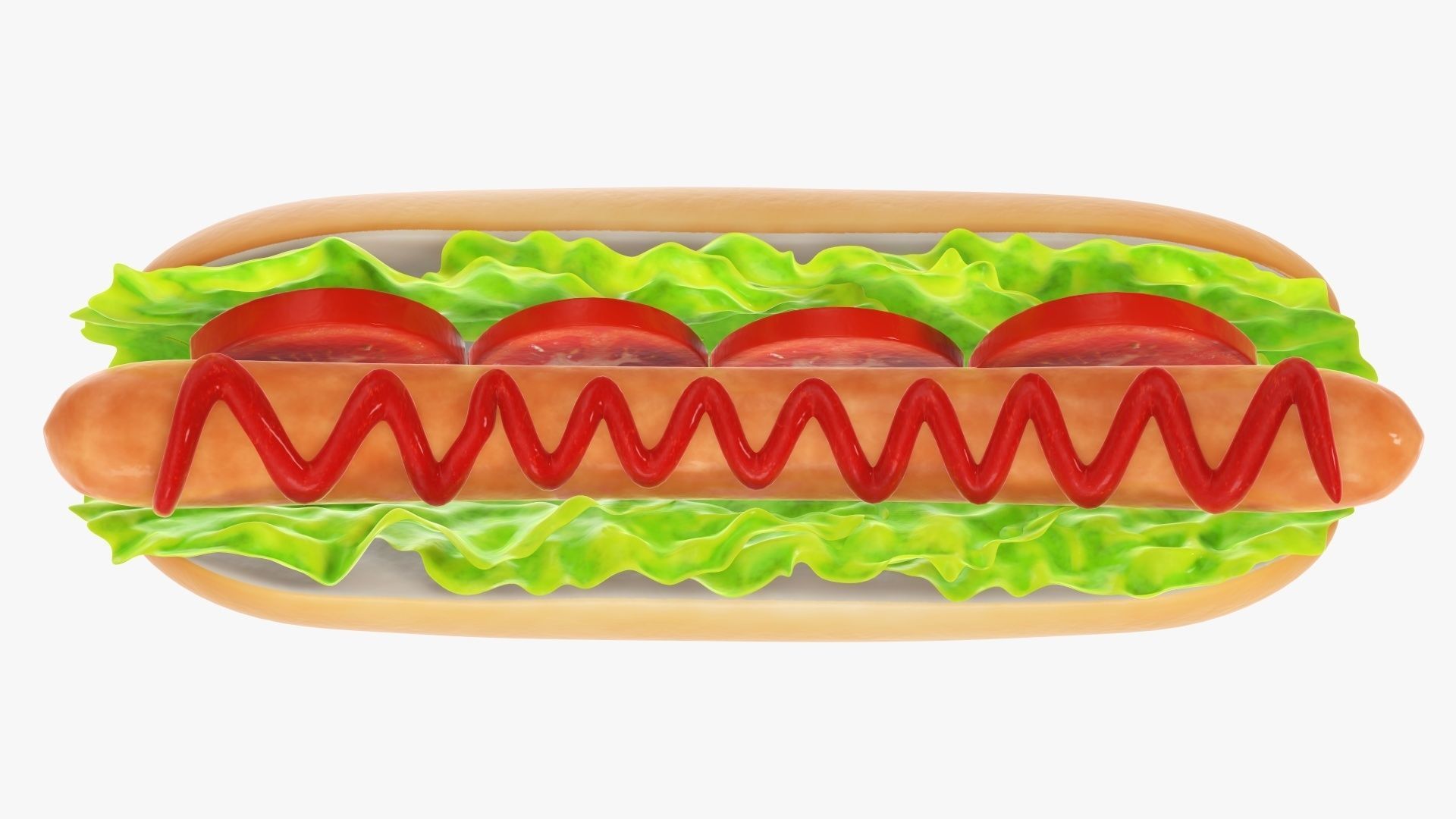 Hot dog with ketchup salad and tomato stylized 3D model_1