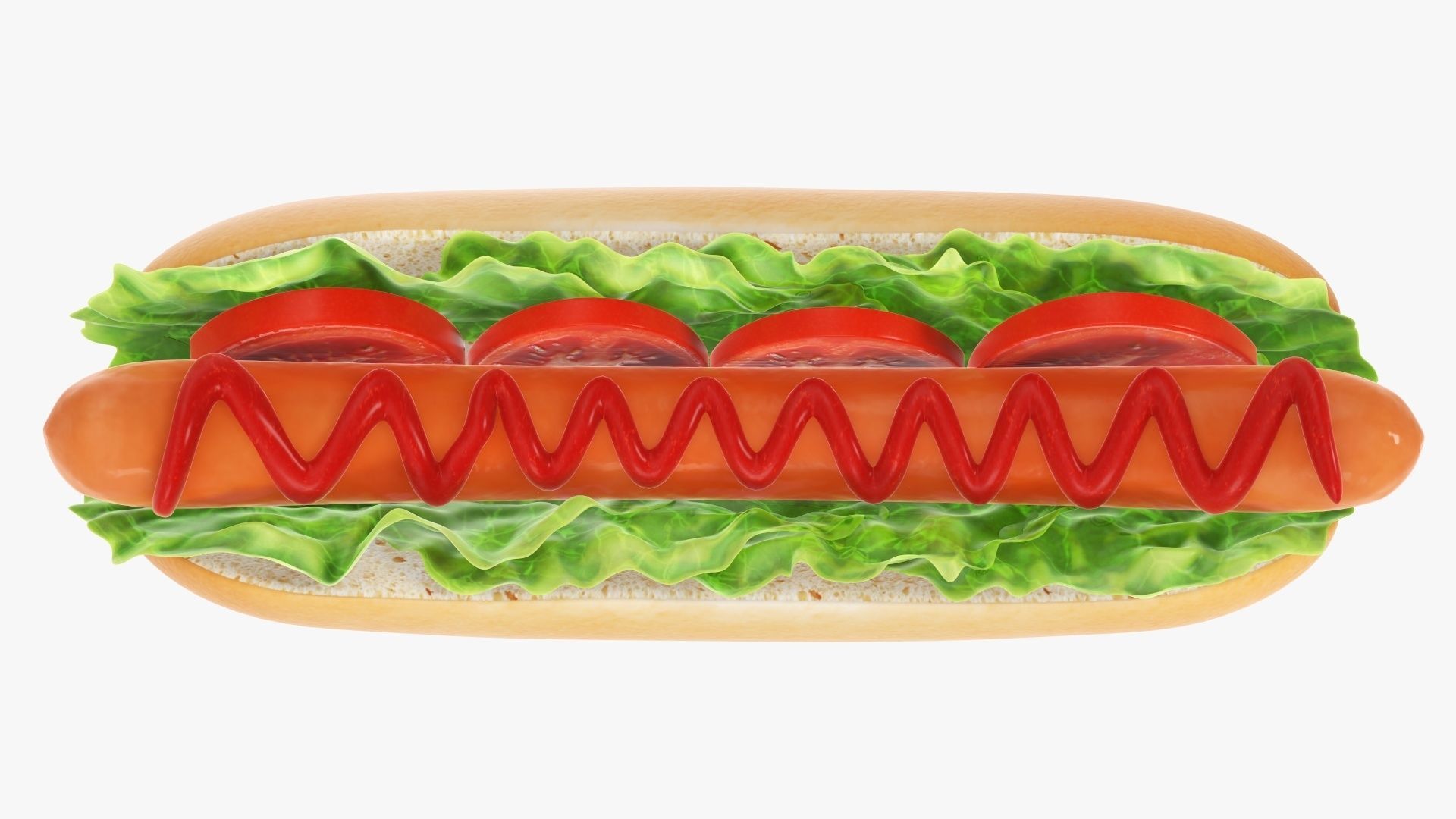 Hot dog with ketchup salad and tomato v2 3D model_1