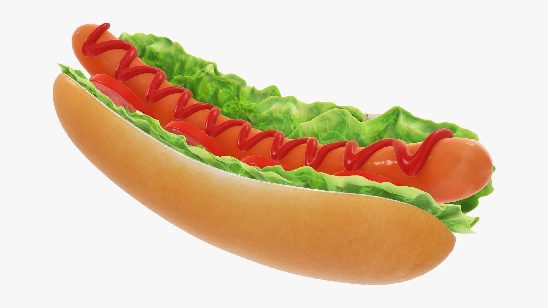 Hot dog with ketchup salad and tomato v2 3D model_3