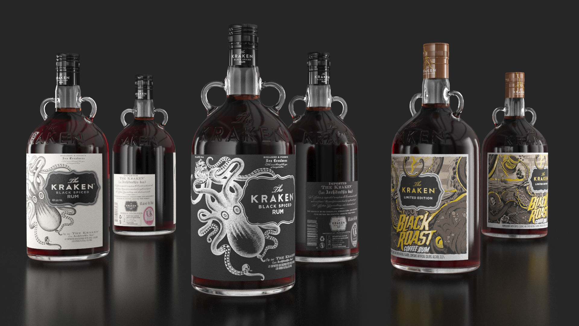 Kraken Rum Original Label Bottles Set 3D model_1