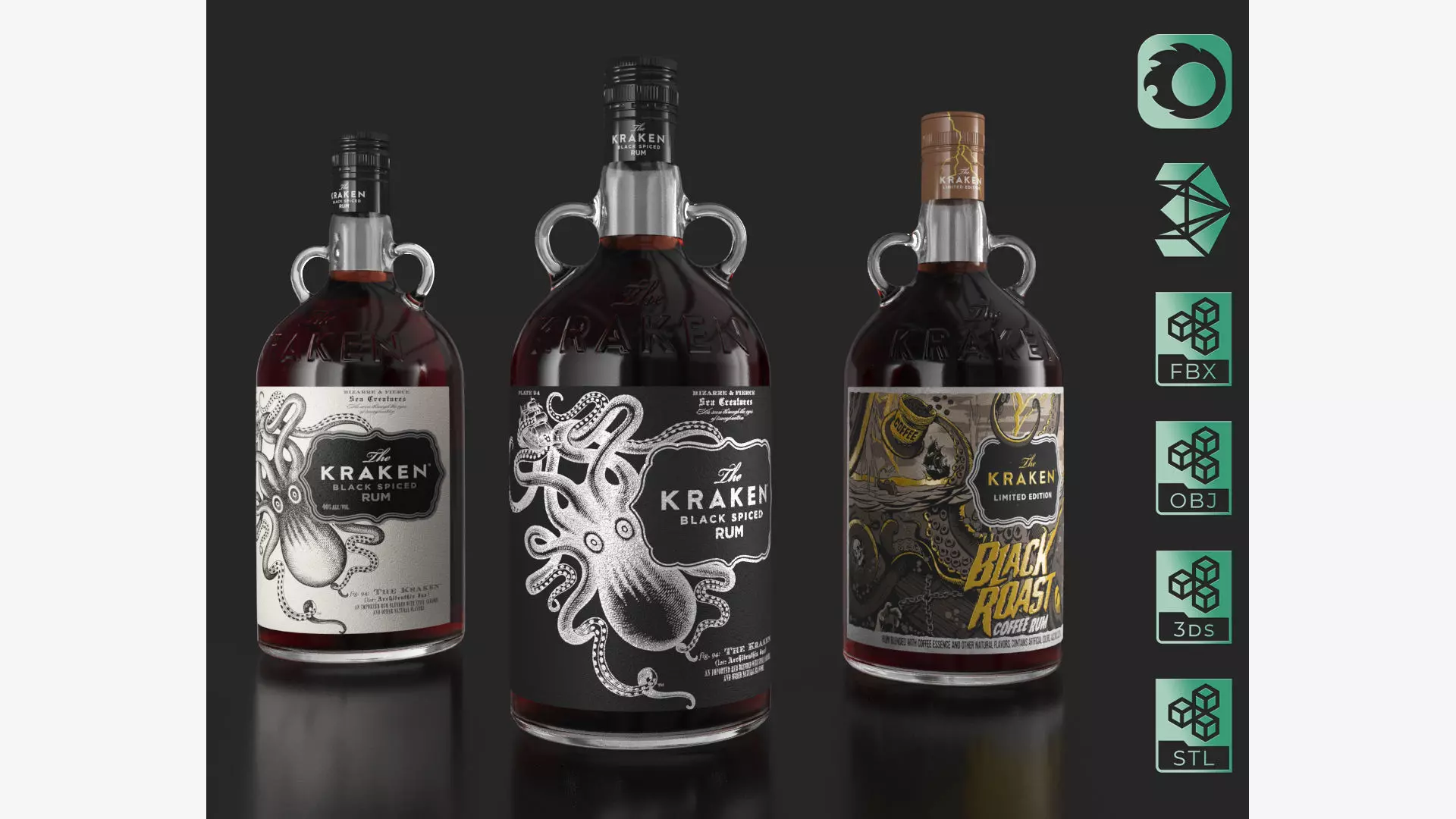 Kraken Rum Original Label Bottles Set 3D model_0