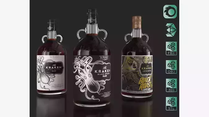 Kraken Rum Original Label Bottles Set 3D model