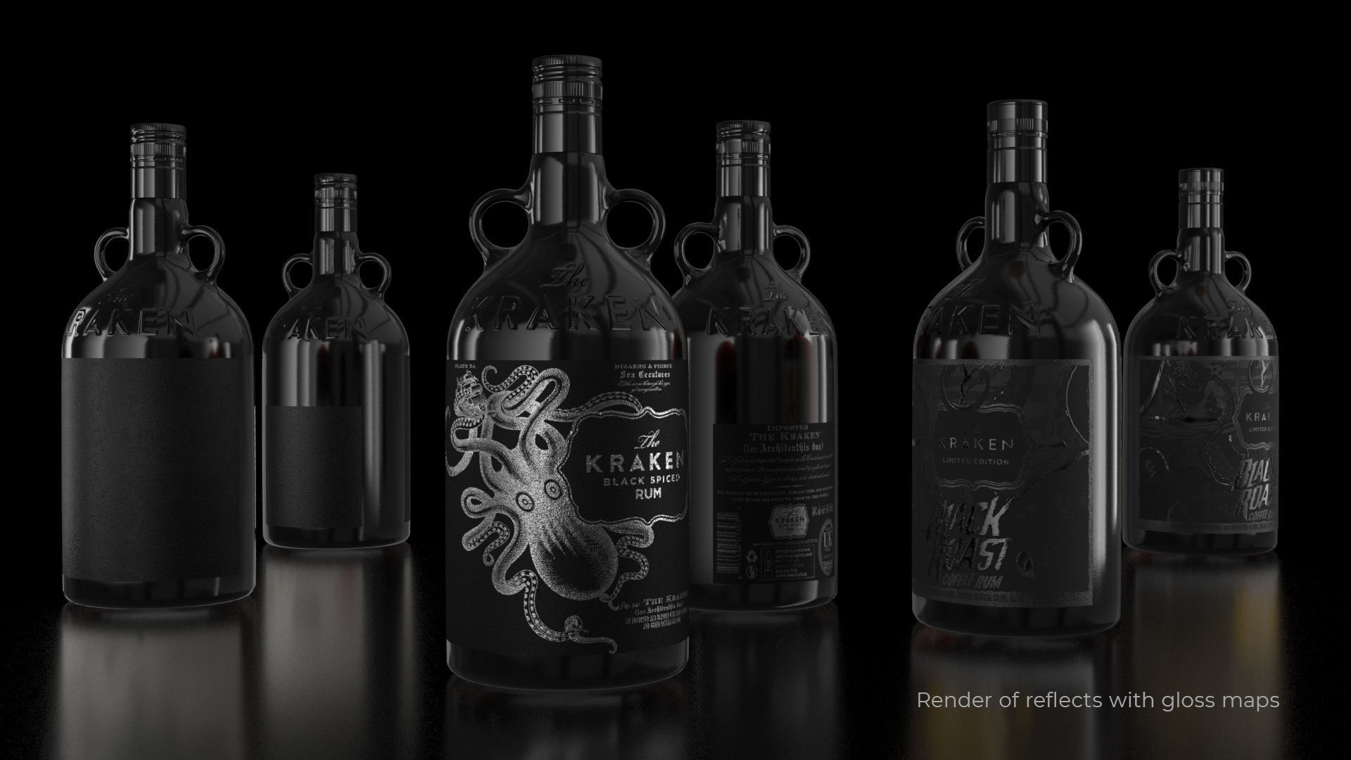 Kraken Rum Original Label Bottles Set 3D model_2