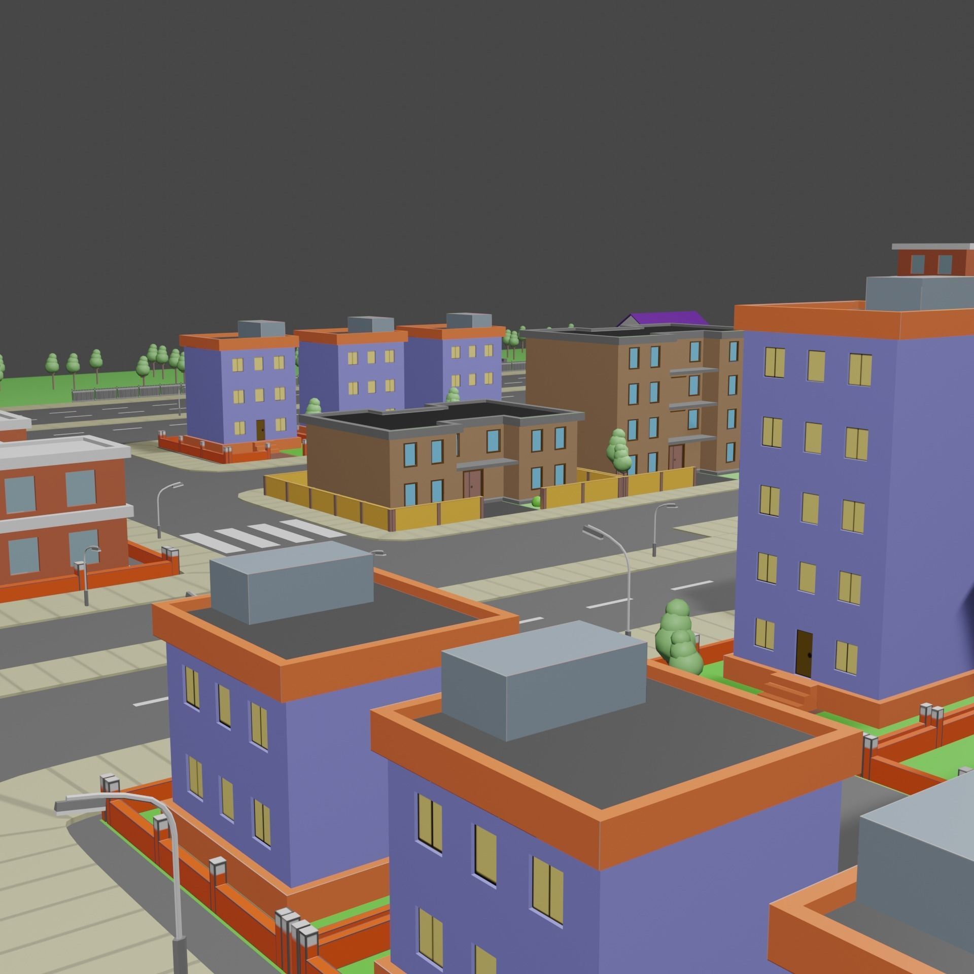 Low Poly City with buildings and trees Low-poly 3D model_2