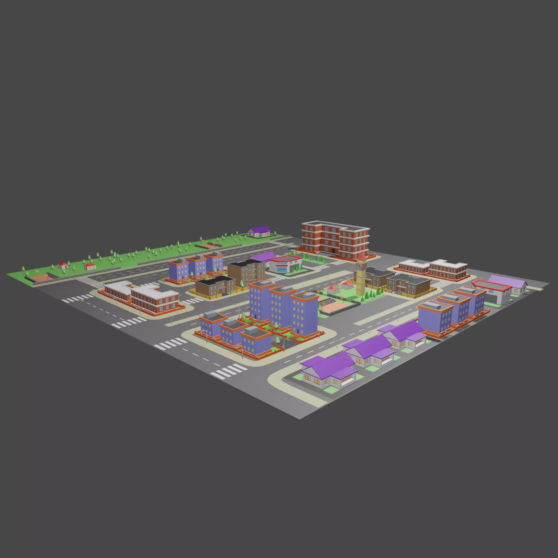 Low Poly City with buildings and trees Low-poly 3D model_0