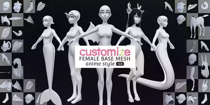 Customize Female Base Mesh-Anime Style Low-poly 3D model