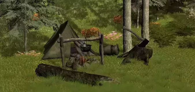 CAMPING tent and logs in woods
