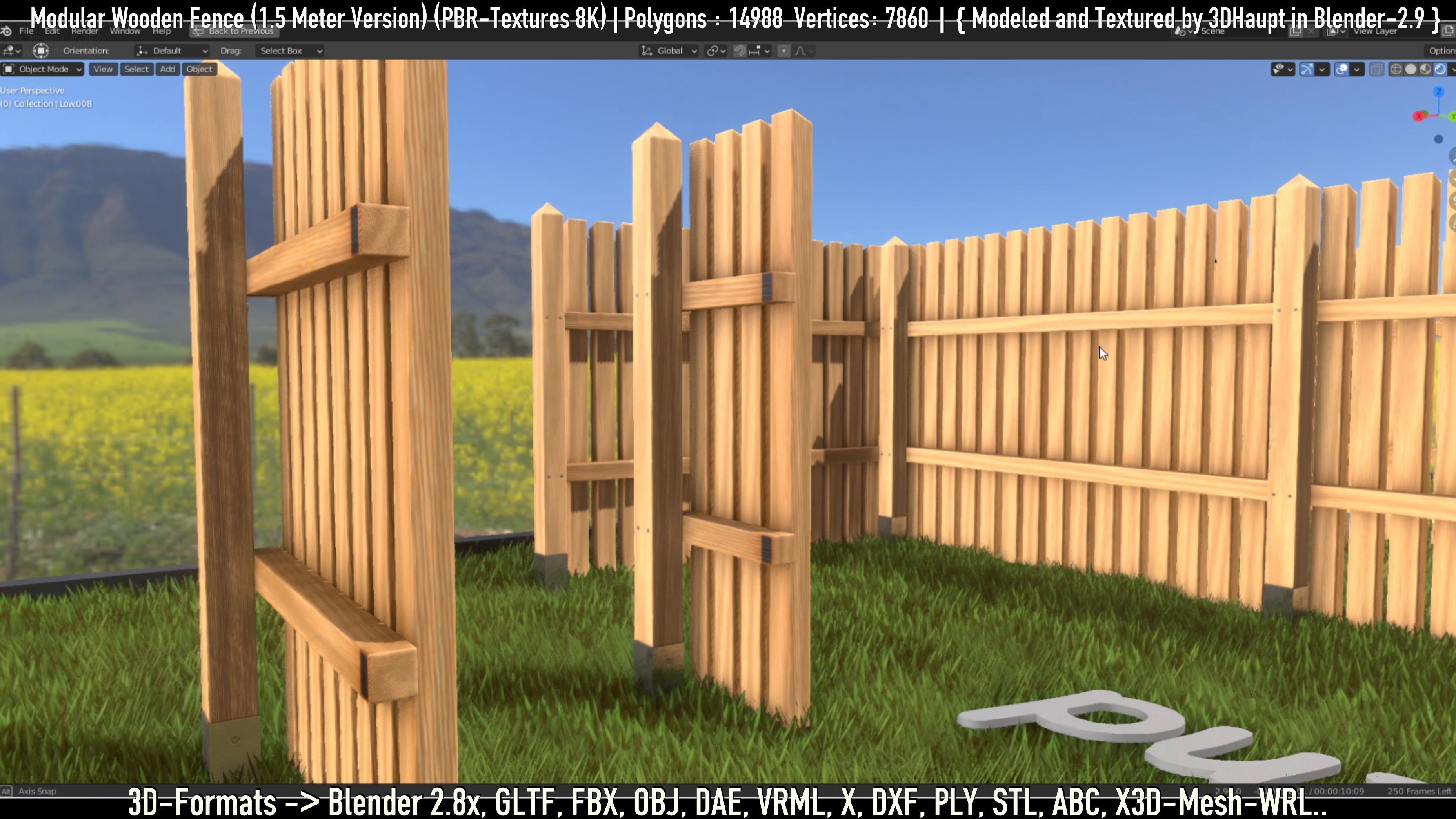 Modular Wooden Fence 1500mm Version Low-poly 3D model_9