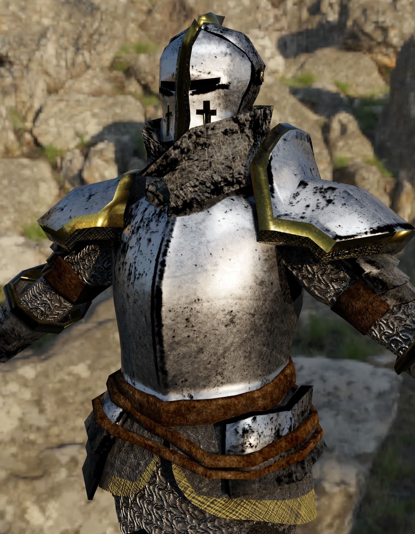 Knight PBR Low Poly in armor on rock Low-poly 3D model_5