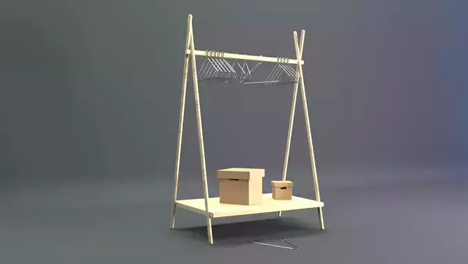 Hanger 3D model wooden clothes rack with box