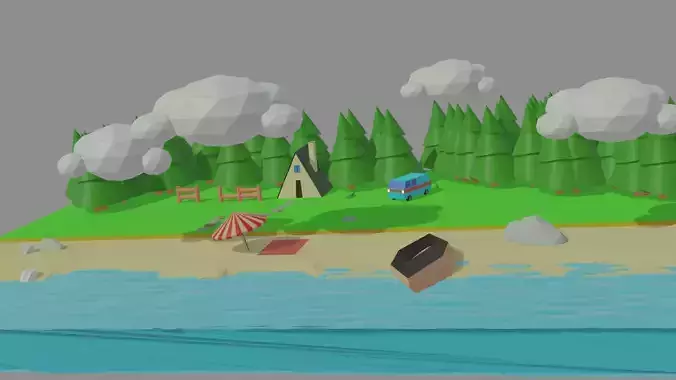 low poly beach island with trees and canoe Low-poly 3D model