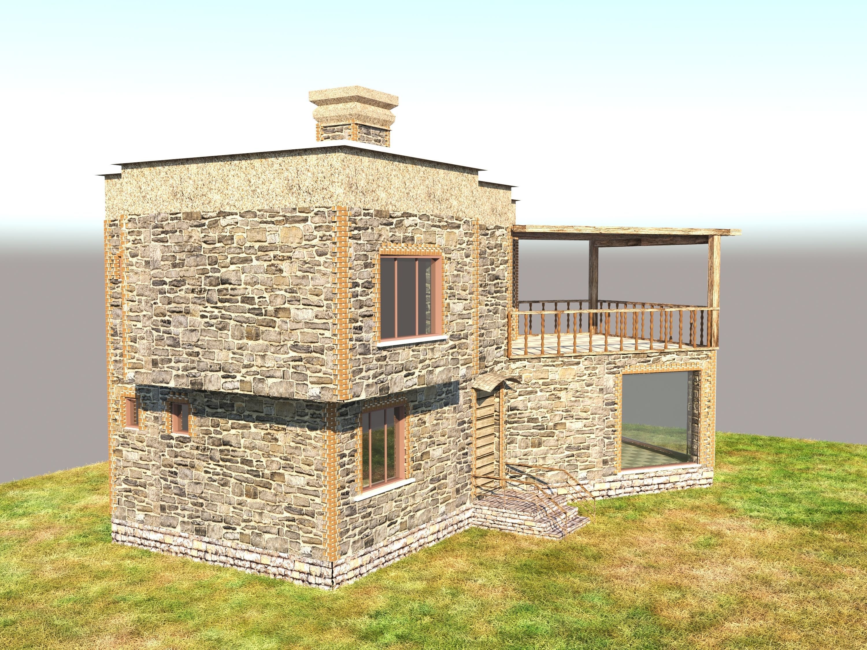 Villa stone building with balcony 3D model_1