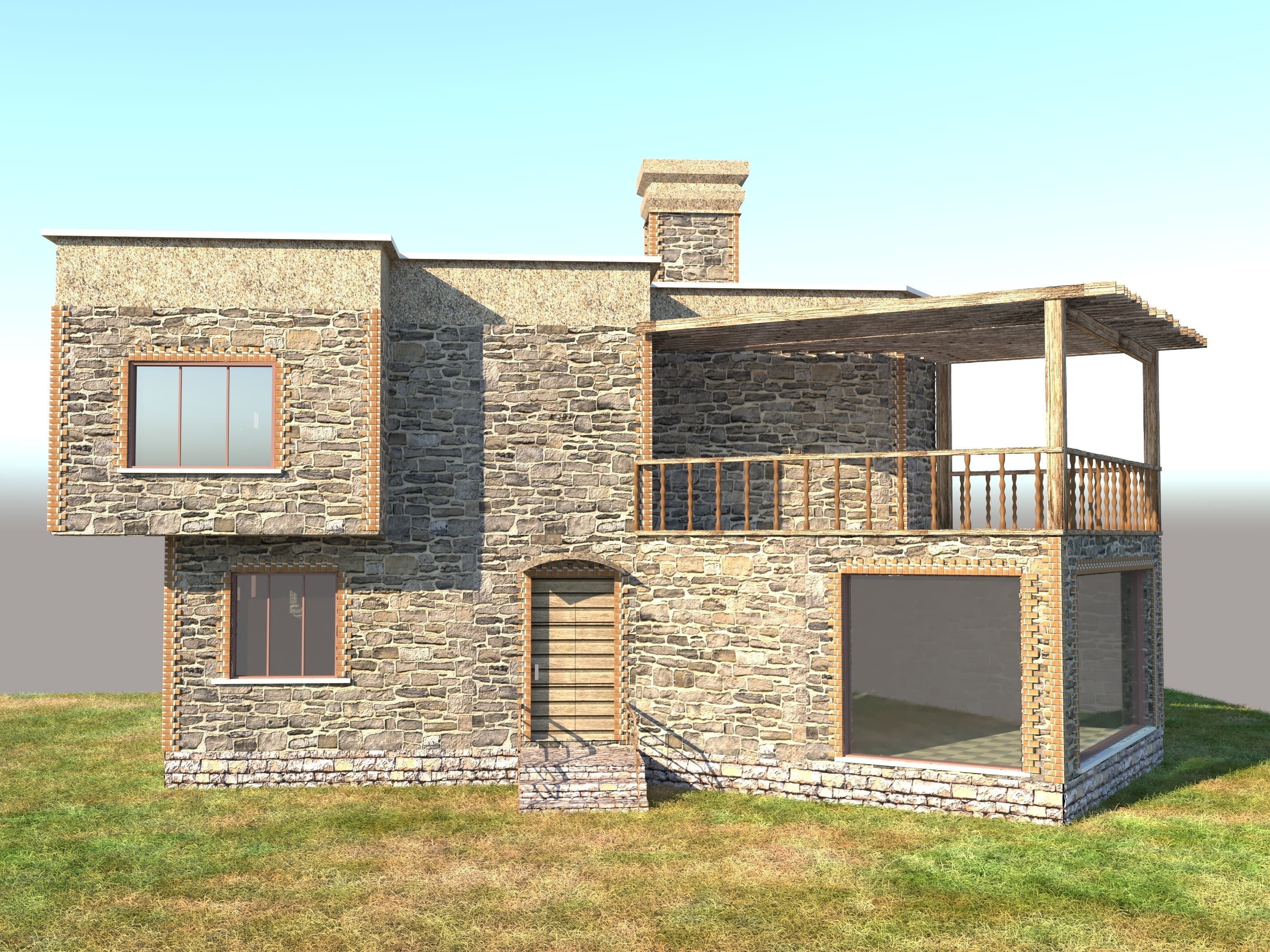 Villa stone building with balcony 3D model_2