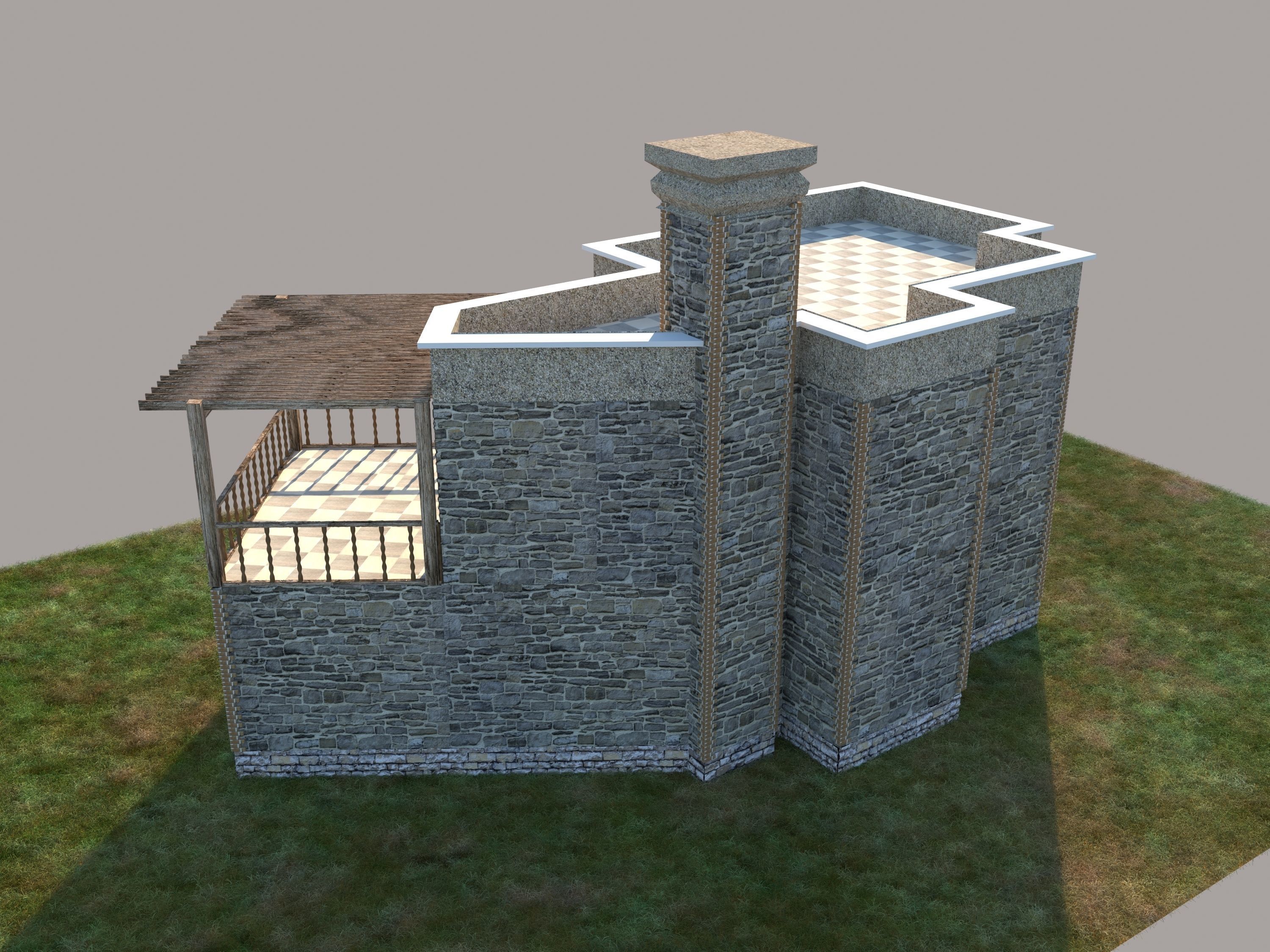 Villa stone building with balcony 3D model_3