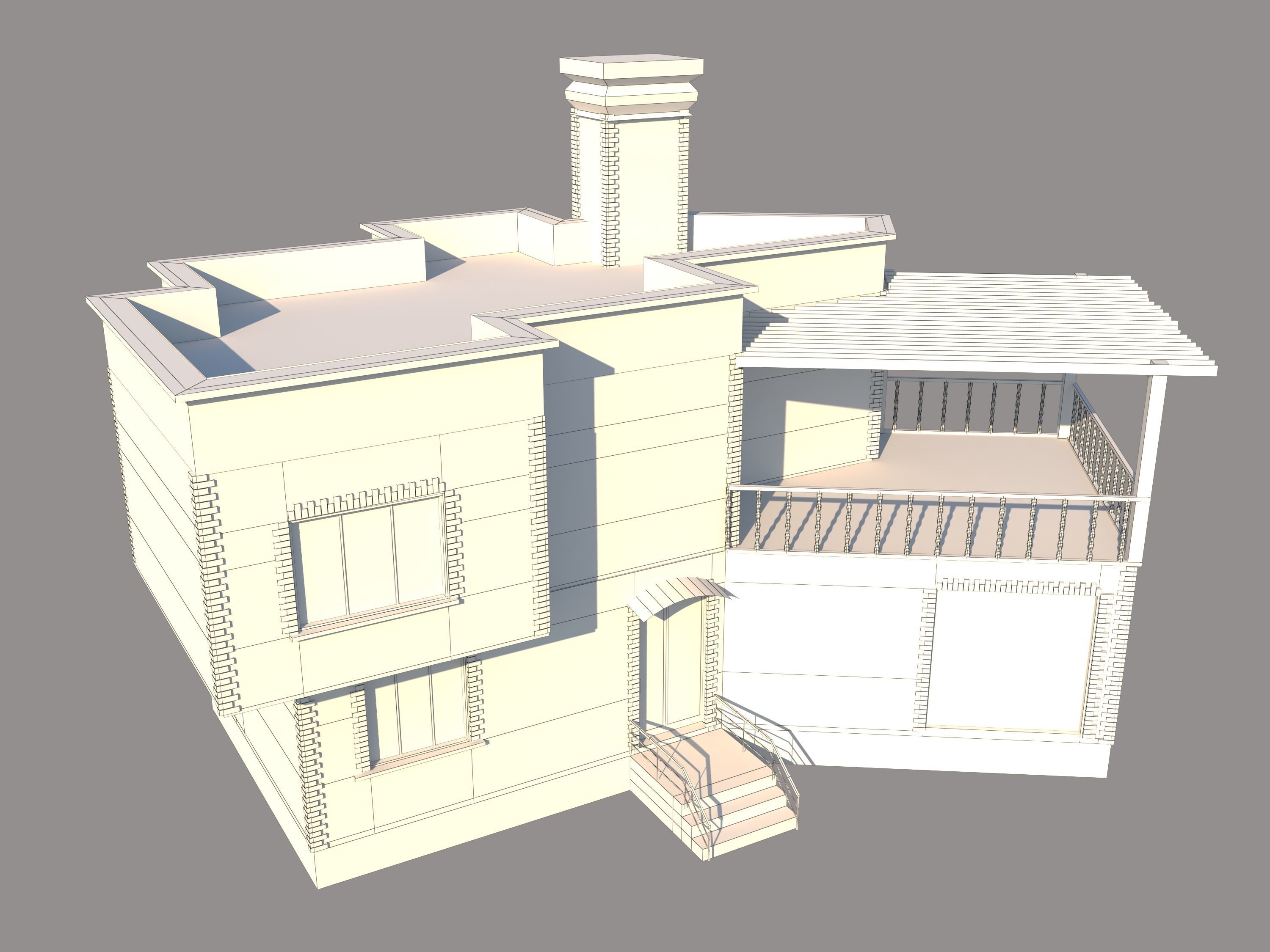 Villa stone building with balcony 3D model_4
