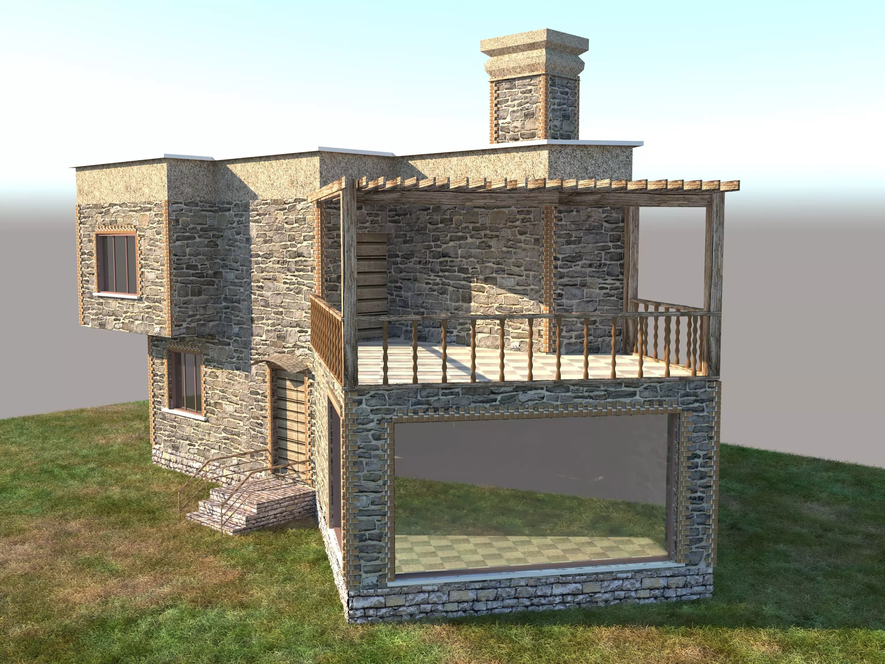 Villa stone building with balcony 3D model_0