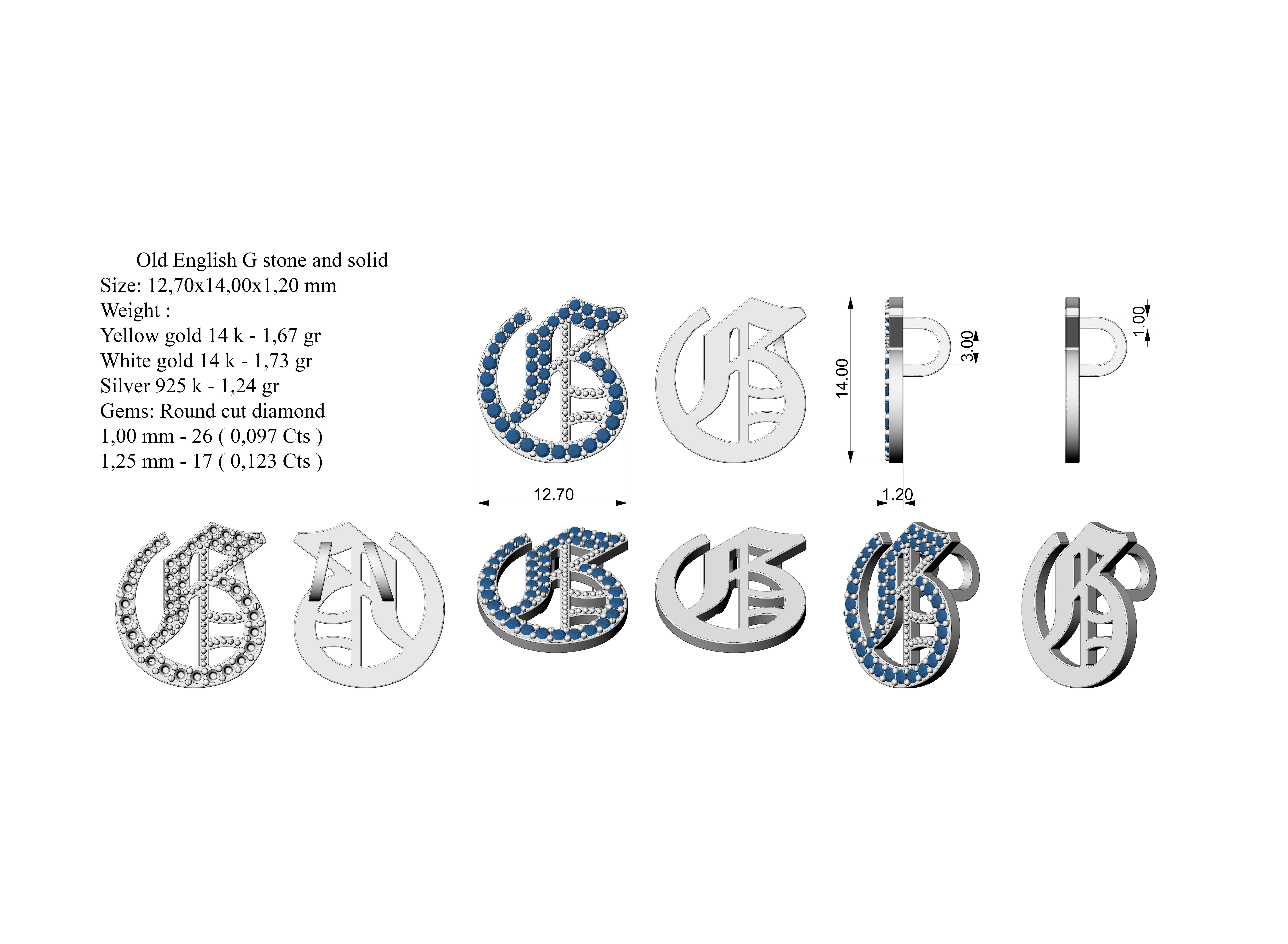 Old English G stone and solid 3D print model_4